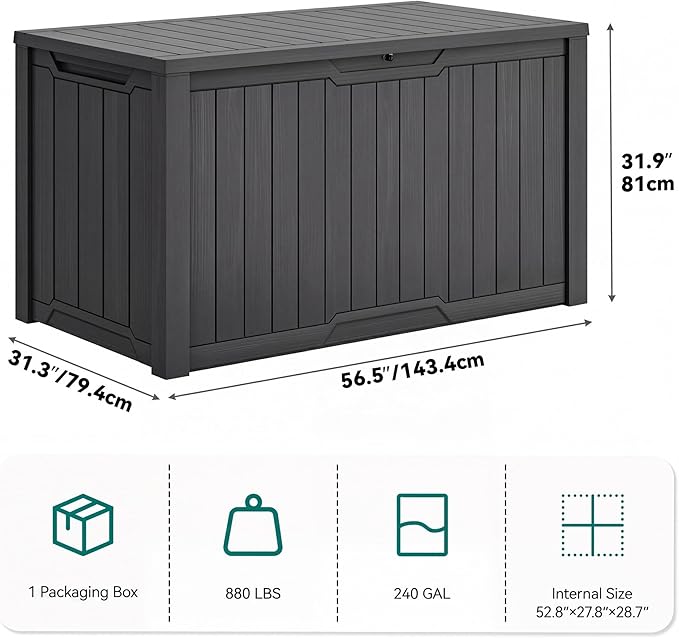 YITAHOME 240 Gallon Extra Large Outdoor Storage Deck Box, XXL Waterproof Resin Patio Storage w/Lockable Lid for Outdoor Cushions, Garden Tools and Sports/Pools Equipment, Dark Gray