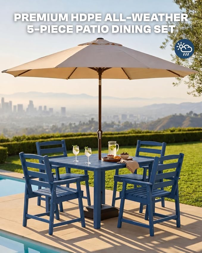 HDPE Outdoor Dining Set for 4, Armchairs, Navy | All-Weather HDPE, Wood Grain Finish, 42.5" Square Table, Built-In Umbrella Hole, Seats 4, Patio & Poolside Ready