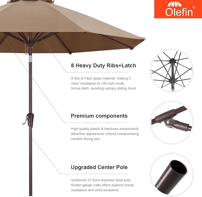 MASTERCANOPY Olefin 5-Year-Non-Fading 9ft Patio Umbrella with Tilt and Crank, Large UV Resistant Outdoor Table Umbrella with 8 Fiberglass Ribs for Deck, Yard & Market, Dark Brown