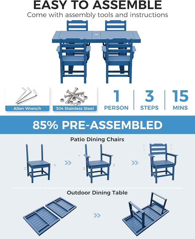 K Knowbody 5-Piece Outdoor Patio Dining Table and Chairs Set, Seats 4 | Steel-Reinforced HDPE, 100 lb/sq ft Load Capacity, 2-Inch Umbrella-Ready Tables, All-Weather, Fade-Resistant, Navy Blue