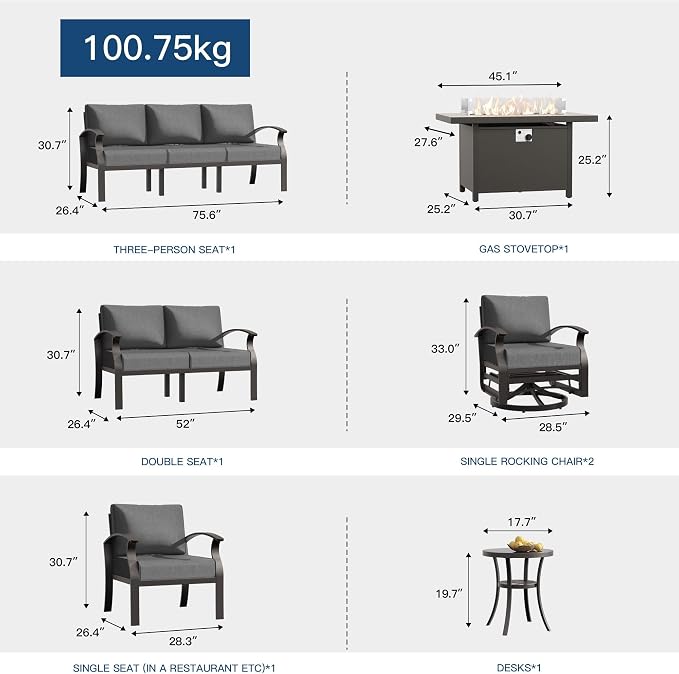 Kullavik Aluminum Patio Furniture Set,8 Piece Modern Metal Outdoor Patio Furniture w/5.1'' Thick Cushion,Swivel Chairs and Propane Fire Pit Table,Patio Conversation Sets for Porch,Deck,Grey
