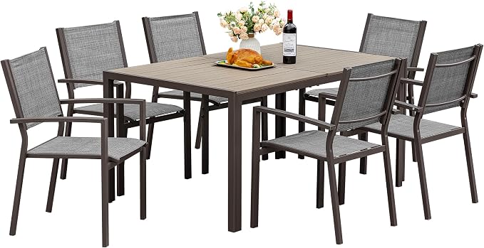 GUNJI 7 Piece Patio Furniture Set,Outdoor Dining Set with 6 Stackable Textilene Chairs and 60" Rectangular Table,Family Conversation Set for Garden Backyard Deck (Gray)