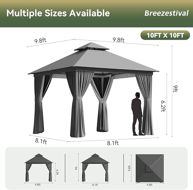 10'x10' Gazebo, Outdoor Gazebo Metal Frame Canopy with Double Roofs, Heavy Duty Patio Tent Shelter with Mosquito Netting and Privacy Screen for Backyard, Grey