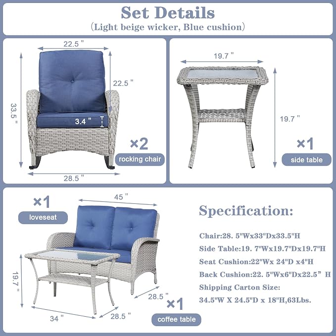 Belord Wicker Conversation Sets Patio Furniture 5 PCS Outdoor Rocking Chairs with Rattan Loveseat, Wicker Table and Chairs Set for Patio Deck Poolside Blue Cushion