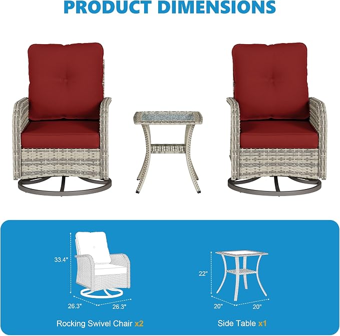 3-Piece Small Patio Furniture Set, Outdoor Swivel Rocking Chairs Set with Wicker Chairs and Tempered Glass Side Table, Outdoor Furniture Patio Bistro Set for Balcony, Deck, Porch