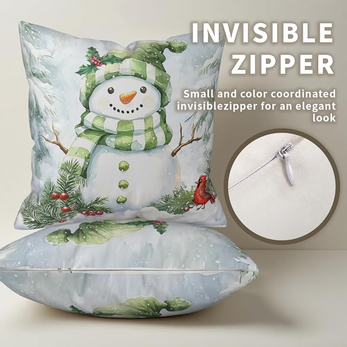 Set of 2 Winter Pillow Covers 16x16 Green Snowman Pine Tree Holly Berry Cardinal Bird Throw Pillow Covers Holiday Pillow Case for Home Decor Couch Sofa