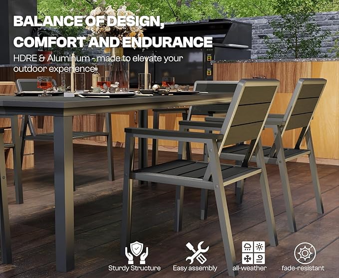 7-Piece Patio Dining Set with 15FT Umbrella, Aluminum & HDPE Outdoor Table and Chairs, Weather-Resistant All-Season Backyard, Deck & Patio Dining Furniture with 2" Umbrella Hole (Black)