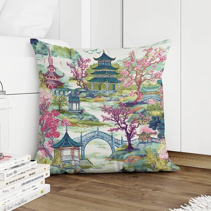 Throw Pillow Covers Chinoiserie Pagoda White Coral Blue Asian Pillows Retro Chinoiserie Chic Asian Pillow Cover Accent Outdoor Garden Decoration for Bedroom Sofa Bench Porch 18x18 in
