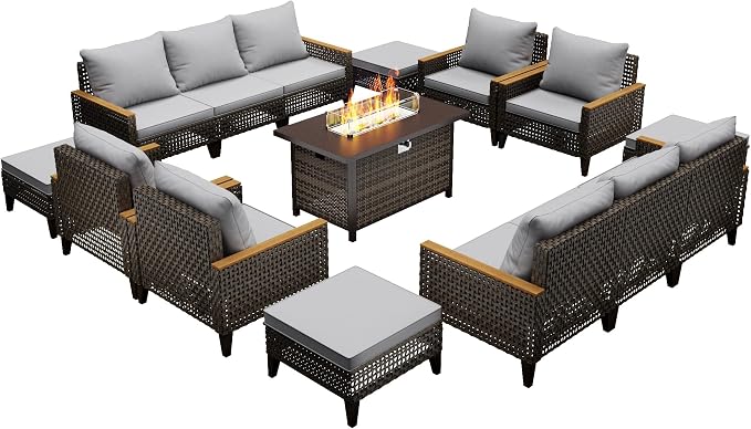 15 Piece Patio Sectional Sofa Set with 50000 BTU Fire Pit Table, All-Weather Wicker Rattan Outdoor Conversation Set, High Back, for Garden, Porch, Poolside, Gray