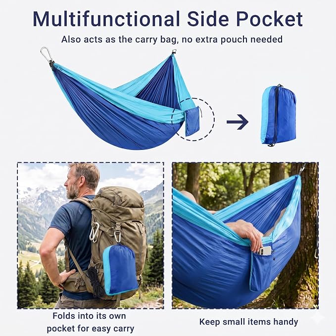 Camping Hammocks, Portable Lightweight Parachute with Tree Straps, Single or Double Hammock Without Stand, Nylon Camping Gear for Outdoor Beach Backpacking Hiking, Camping Essentials(Blue)