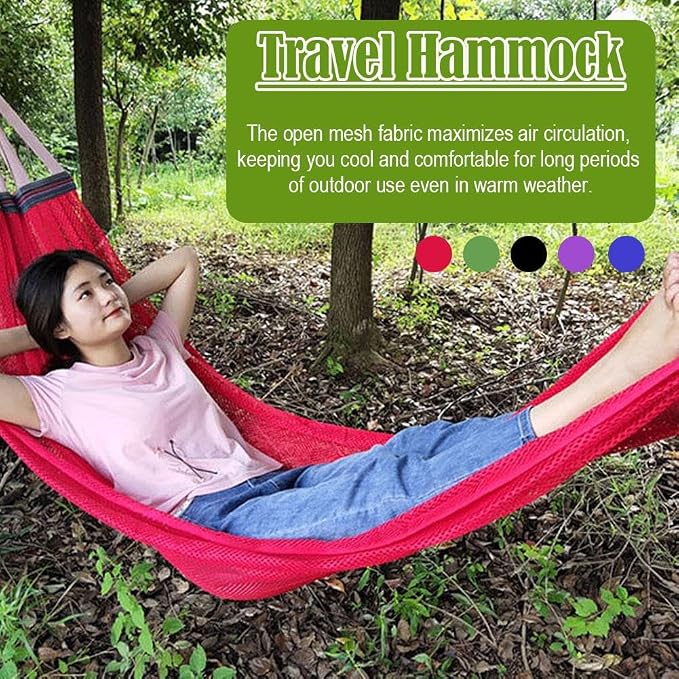 Outdoor Travel Camping Sport Hammock, Outdoor Sport Hammock Net Mesh Nylon Rope Sleeping Bed Swing with Hooks for Garden Beach Yard Travel (Red)