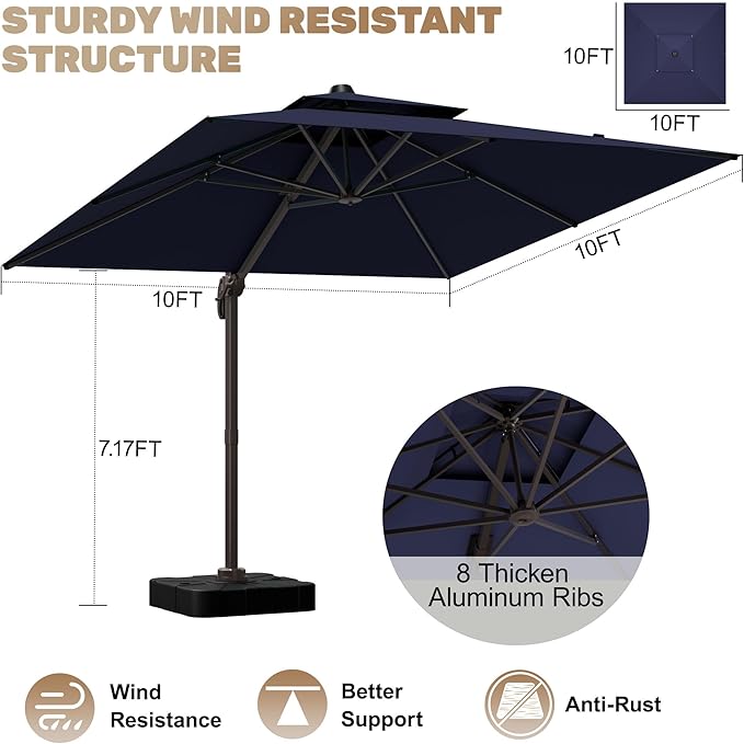 10x10Ft Patio Umbrella Outdoor Cantilever Rectangle Umbrella, 6-Level Tilt & 360° Rotation Offset Umbrella for Garden, Deck, Pool(Navy Blue)