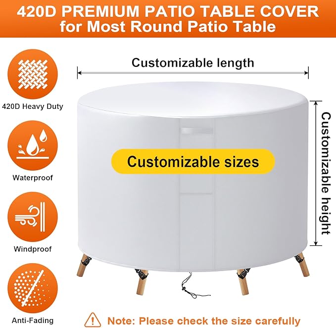 96"(D) x 20"(H) Round Outdoor Furniture Cover, Custom Heavy Duty 420D Waterproof Patio Furniture Cover with Drawstring & Buckles for Table Chair Garden, Silver