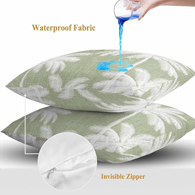 Outdoor Pillow Covers 24x24 Inch Set of 2, Sage Green Palm Trees Waterproof Throw Pillow Covers, Farmhouse Tropical Summer Beach Decorative Cushion Pillowcases for Couch, Sofa, Bed, Garden, Patio