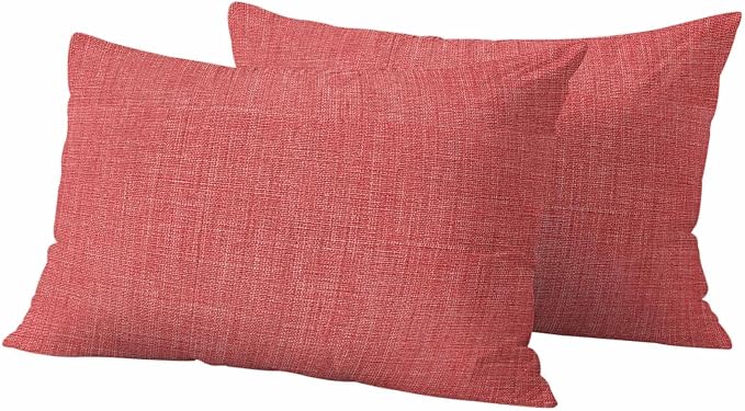 Outdoor Waterproof Throw Pillow Covers Set of 2 Coral Red Linen Lumbar Pillowcases 20x12 Inches Farmhouse Pure Color Decorative Pillows Cushion Case Patio Pillows for Couch Bed Chair Garden