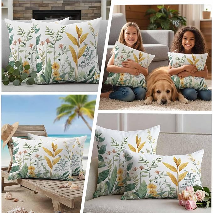 Outdoor Pillow Covers 18x18 Set of 2, Yellow Green Botanical Waterproof Patio Throw Pillow Covers for Couch Sofa Chair, Rustic Watercolor Leaves Decorative Pillowcases for Throw Pillows