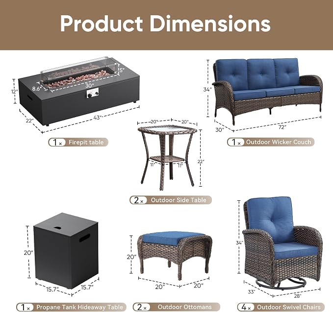 HUMMUH Luxury Patio Furniture Set with High Back Swivel Rocker Chairs & 3 Seater-Couch & Steel Fire Pit Table & Ottomans 7 Pieces Outdoor Conversation Set for Porch,Deck,Backyard