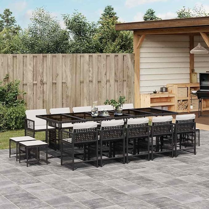 15 Piece Black PE Rattan Garden Dining Set with Tempered Glass Table, 14 Seat Outdoor Dining Set for Patio, Foldable Chairs with Washable Cushions