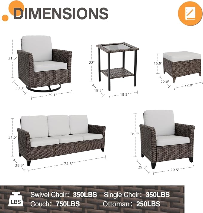 COOS BAY Harbor Retreat 8 Piece Outdoor Furniture Set, Patio Conversation Set with Swivel Rocking Chairs, Patio Chairs, Couch, Side Table and Ottomans, Wicker Furniture, Brown/Beige
