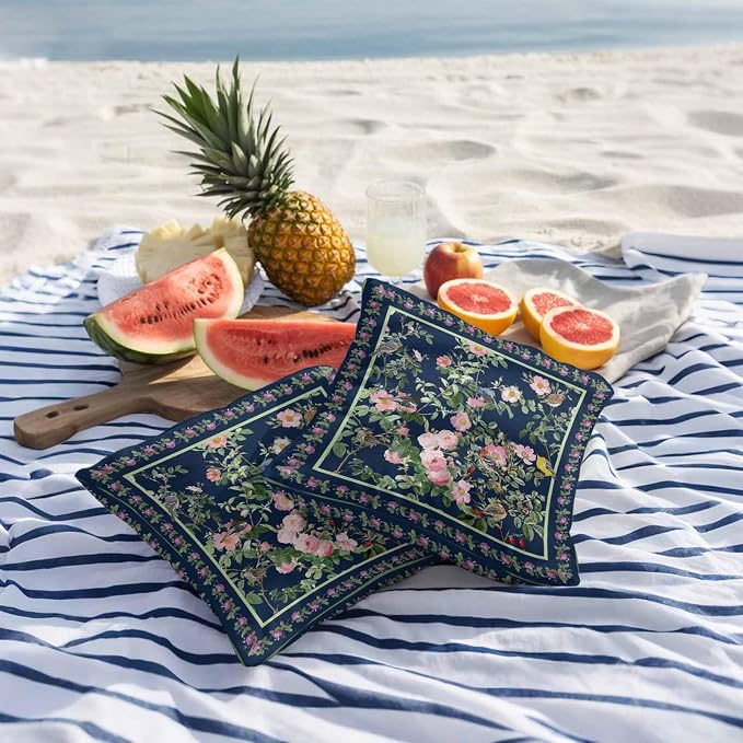 Vandarllin Outdoor Throw Pillows Covers 16x16 inch Set of 2 Waterproof Pink Floral Bird Decorative Zippered Cushion Covers for Patio Furniture, Green Leaves Branches Navy Blue Lumbar Pillowcases