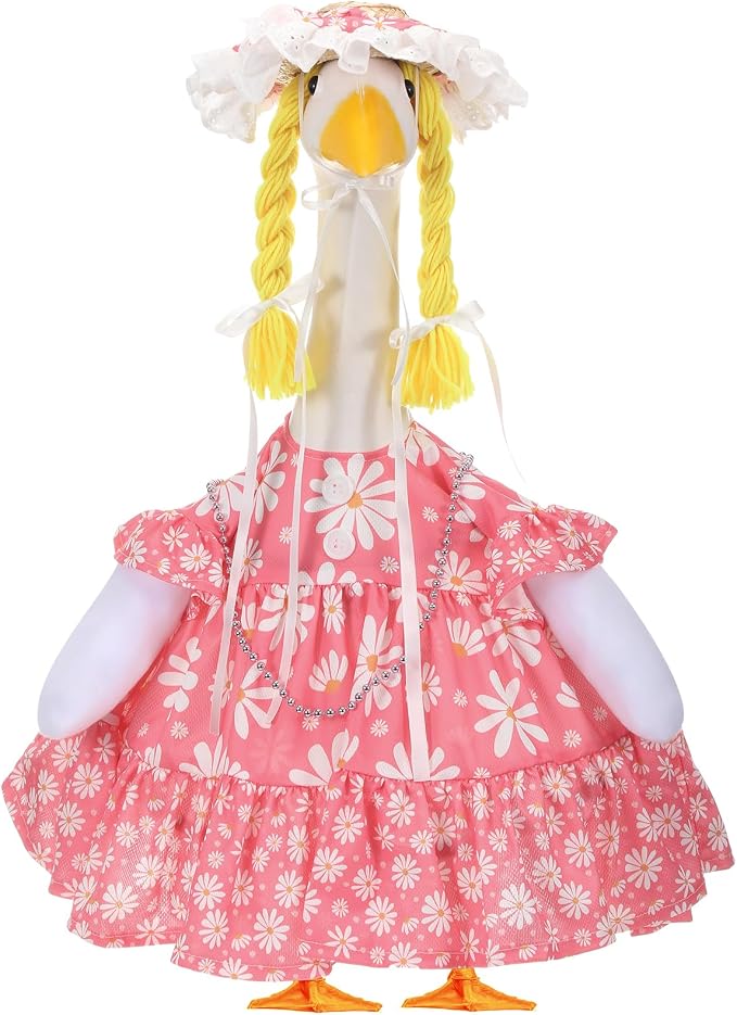 Spring Summer Pink Daisy Porch Goose Outfit for 23'' Goose Clothes Bee Pink Skirt with Hat for Spring Summer Outdoor Garden Yard Patio Lawn Decor(Daisy)