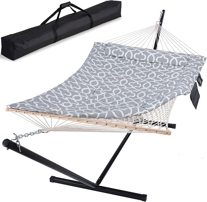 SUNCREAT Outdoor Double Hammock with Stand, Two Person Cotton Rope Hammock with Polyester Pad, Circle Pattern