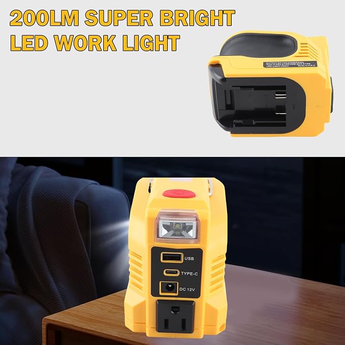 Portable Power Inverter 220W with LED Light AC Outlet 18W Fast Charging Compatible with 18V 20V Li-ion Batteries for Camping Emergency Outdoor Use (US Plug)