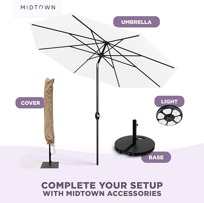 Midtown Umbrellas - 10-Year-No-Fade 10 Ft Patio Umbrella with Terylast Fabric, Auto-Tilt Aluminum Frame and 8 Reinforced Ribs for Deck, Pool, Garden & Beach - Ivory White Canopy, Black Pole