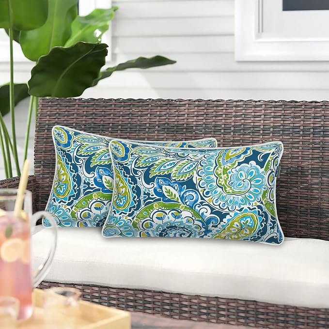 Magpie Fabrics Pack of 2 Outdoor Lumbar Pillow Case Covers 12"x20", Waterproof Rectangular Throw Pillowcase Shell Decorative Sham for Patio Garden Couch - Paisley Lapis Green