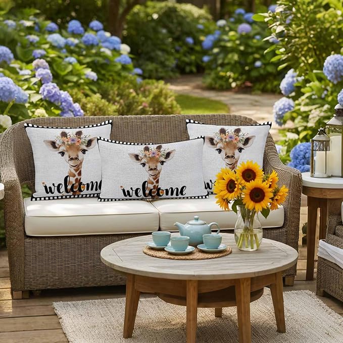 Funny Giraffe Outdoor Pillow Covers 16x16 Inch Throw Pillow Covers Set of 2 Waterproof Decorative Pillow Cases Abstract Animal Wreath Welcome Black Gray Linen Cushion Covers for Patio Furniture Garden