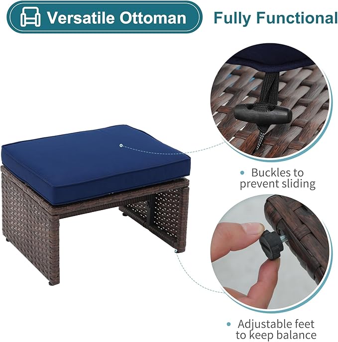 OC Orange-Casual Outdoor Loveseat 3 Piece Patio Furniture Set Outdoor Conversation Set All-Weather Wicker Love Seat with Ottoman/Side Table, Brown Rattan, Blue