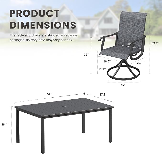 Outdoor Dining Set for 6, 63" Metal Outdoor Dining Table with Umbrella Hole and Sling Patio Swivel Chairs, 7 Pieces Patio Table and Chairs Set for Garden Backyard, Charcoal and Black