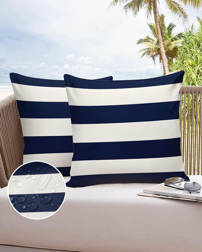 Outdoor Waterproof Throw Pillow Covers 24x24Inch, Nautical Stripe Navy Cushions for Garden Patio Furniture Chairs Set of 2, Blue White Home Decor Couch Sofa Polyester Pillow Cases