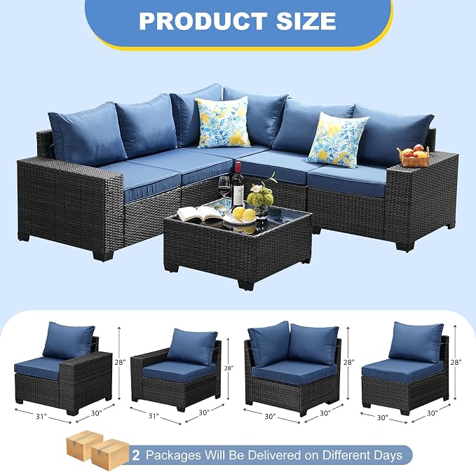 6 Pieces Patio Furniture Set, Outdoor Couch Sofa with Wider Armrests & Glass Coffee Table, Outdoor Sectional Furniture with Thick Cushions for Party, Poolside,Garden-Navy