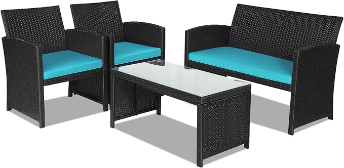 Goplus Rattan Patio Furniture Set 4 Pieces, Outdoor Wicker Conversation Sofa and Table Set with Soft Cushions & Tempered Glass Coffee Table for Balcony Garden Backyard (Turquoise)