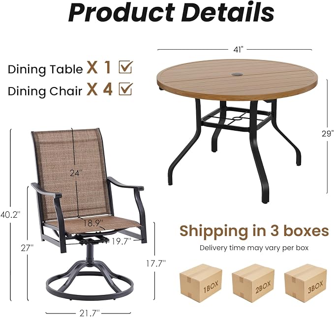 Soohow Patio Dining Set for 4, 5-Piece Round Outdoor Dining Set 4 x Swivel Patio Chairs and 41" Round Outdoor Dining Table with 1.57" Umbrella Hole, Wood-Like, for Poolside, Backyard