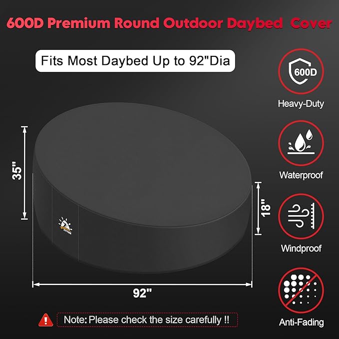 Zettum Outdoor Daybed Cover 92 Inch - 600D Patio Round Sofa Cover Waterproof & Heavy Duty, All Weather Protection Outdoor Furniture Covers for Canopy Daybed Sofa, 92" Dia x 35"/18" H