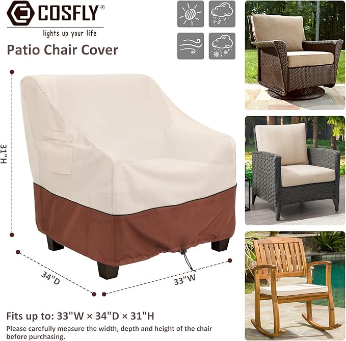 COSFLY Patio Furniture Covers 2 Pack, 600D Waterproof Outdoor Chair Covers for Deep Chairs, All-Weather UV Resistant Protection with Adjustable Straps & Air Vents, Fits up to 33"W x 34"D x 31"H