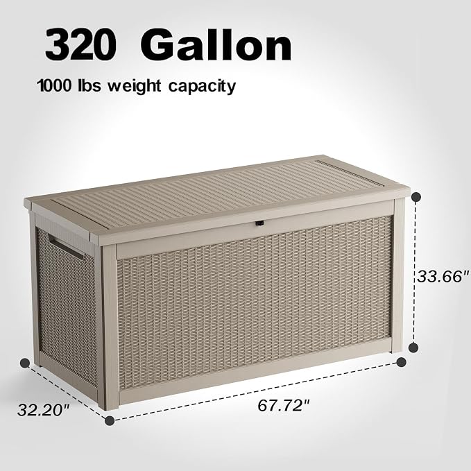 PatioZen 320 Gallon Outdoor Deck Box,Waterproof Resin Outdoor Storage Boxes, Outside Storage Lockable Container for Garden Tools,Indooor Cushions,Accessories (Grey)