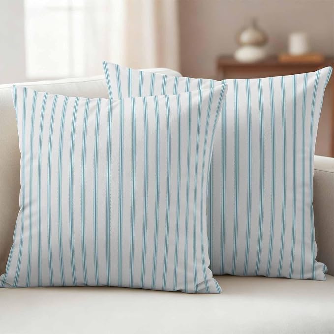 Outdoor Pillow Covers 18x18 Set of 2 Teal Stripes Outdoor Pillows Waterproof Throw Pillow Covers Simple Style Pillowcases Decorative Case for Patio Cushion