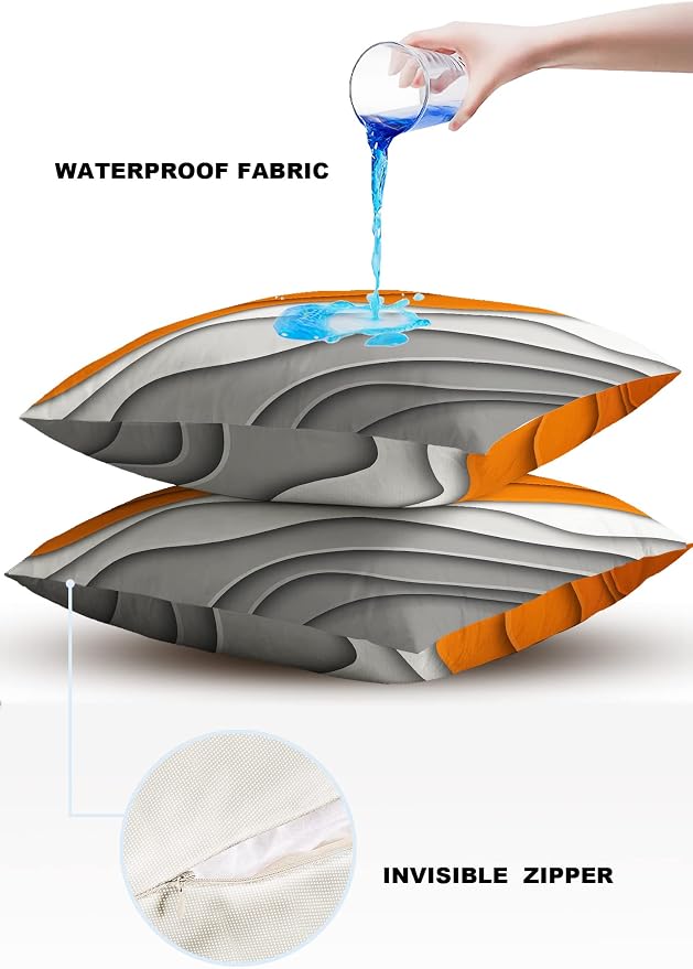 Outdoor Waterproof Pillow Covers for Patio Furniture Orange Grey Modern Geometric Decorative Throw Pillow Cover Abstract Beach Pillowcases Set of 2 Cushion Case for Sofa Couch 16 x 16 Inches