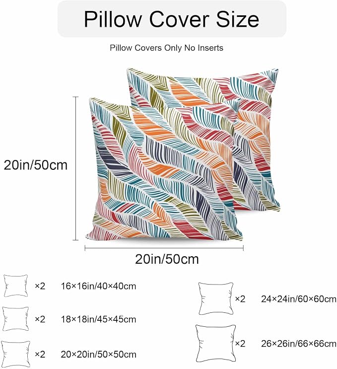 Vandarllin Outdoor Throw Pillows Covers 24x24 inch Set of 2 Waterproof Summer Beach Decorative Zippered Cushion Covers for Patio Furniture, Orange Blue Abstract Leaf Lines Lumbar Pillowcases