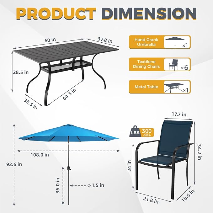 SUNCROWN 8 - Piece Outdoor Dining Set, Patio Furniture Set with 6 Textilene Dinning Chairs, 1 Rectangle Metal Table and 1 Sky Blue 9Ft Patio Umbrella for Lawn Garden Backyard Deck, Blue