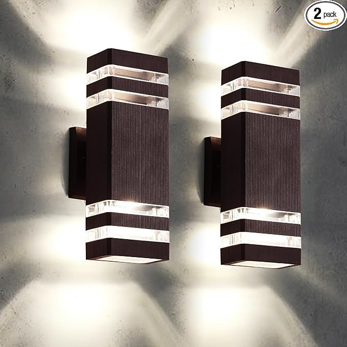 Outdoor Wall Lights, Modern Exterior Light Fixture Wall Mount, Brown Outdoor Lights for House, Waterproof Aluminum Up and Down Outside Porch Lights for Garage, 2 Pack