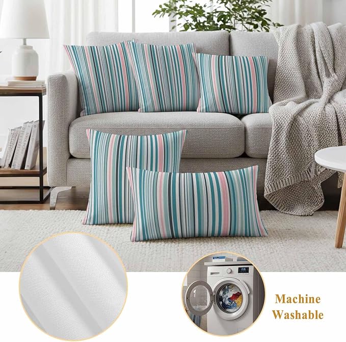 Outdoor Waterproof Throw Pillow Covers Set of 2 Turquoise Blue Striped Pillowcases 16x16 Inches Geometric Pink Stripes Decorative Pillows Cushion Case Patio Pillows for Couch Bed Chair Garden