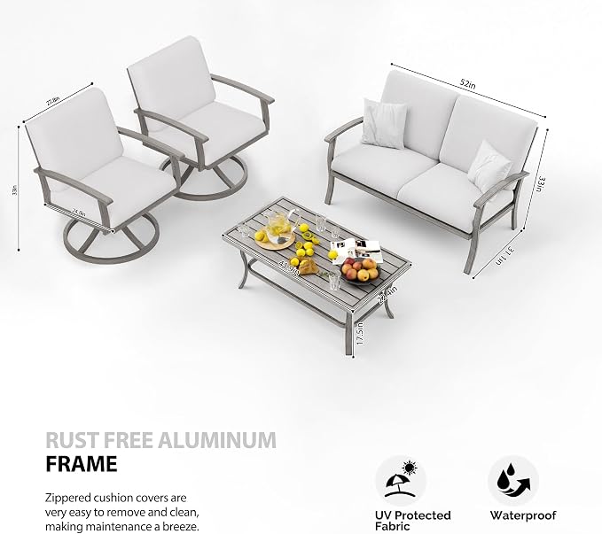 HAPPATIO 4 Piece Aluminum Patio Furniture Set, 4-Person Outdoor Swivel Chairs and Loveseat, All-Weather Outdoor Sectional Sofa with Comfortable Cushions and Coffee Table(Gray)