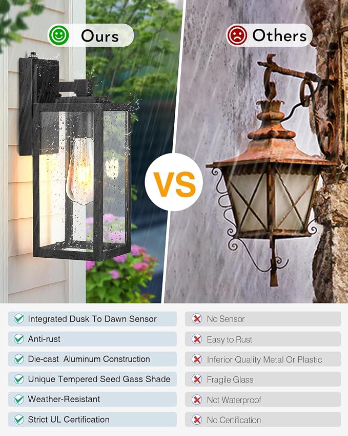VIANIS Large 2 Pack Outdoor Wall Lights, Dusk to Dawn Black Exterior Garage Lighting Fixture Wall Mount Sconces, Modern Front Porch Lanterns Outside Lights for House, Waterproof Coach Lights Outdoor