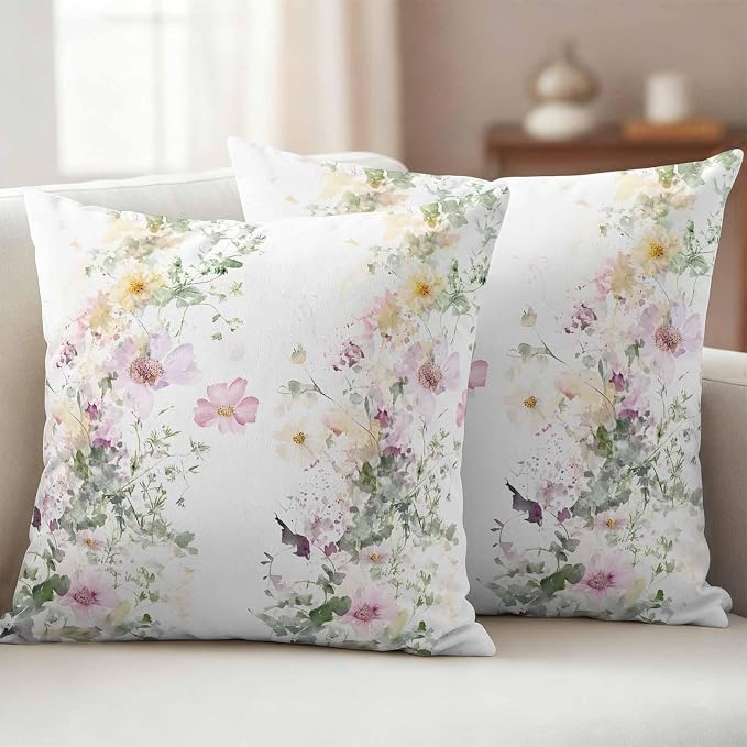 Watercolor Flowers Outdoor Waterproof Throw Pillow Covers Set of 2, 24"x24", Spring Retro Floral Purple Green Yellow Decorative Pillow Covers Outside Cushion Case for Patio Porch Garden
