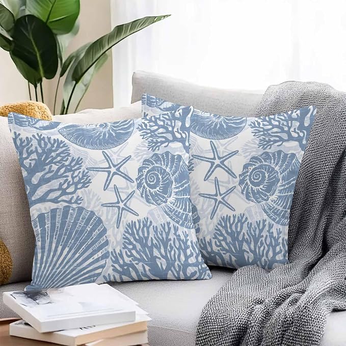 Outdoor Pillow Covers 16x16 Inch Set of 2, Lake Blue Coastal Waterproof Throw Pillow Covers, Beach Starfish Nautical Coral Shell Summer Decorative Cushion Pillowcases for Couch Sofa Bed Garden Patio