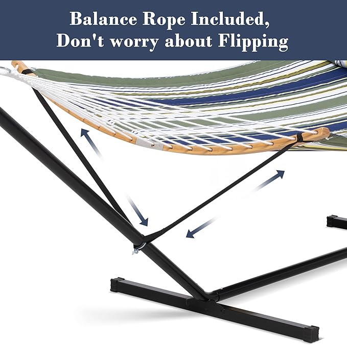 SUNCREAT Hammocks for Outside with Stand Included, Double Hammock with Curved Spreader Bar, Carrying Bag, Dark Green Stripes